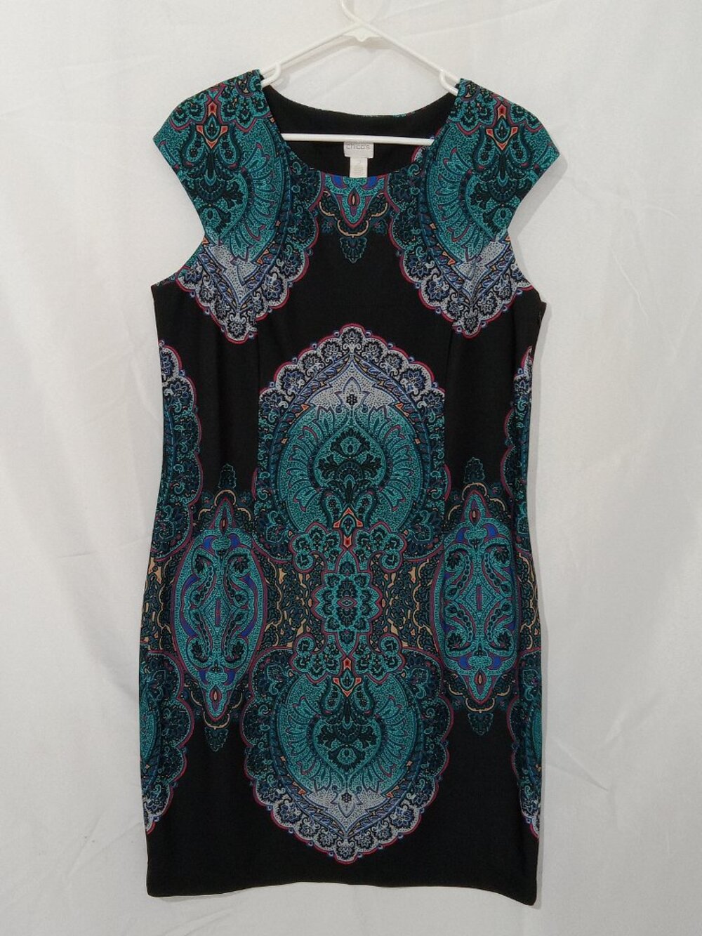 Chicos Bold Medallion Print Cap Sleeve Printed Sheath Dress Size 2 Career Boho
